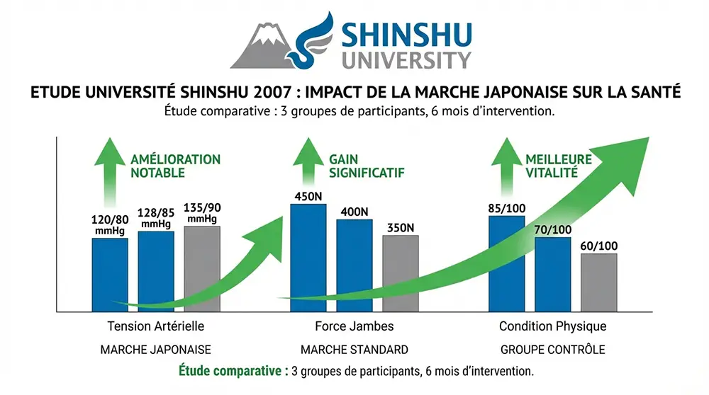 Infographie scientifique montrant les résultats de l'étude de l'université Shinshu 2007 avec graphiques professionnels comparant trois groupes de participants, barres de résultats pour tension artérielle, force des jambes et condition physique, marche japonaise en tête avec flèche verte ascendante