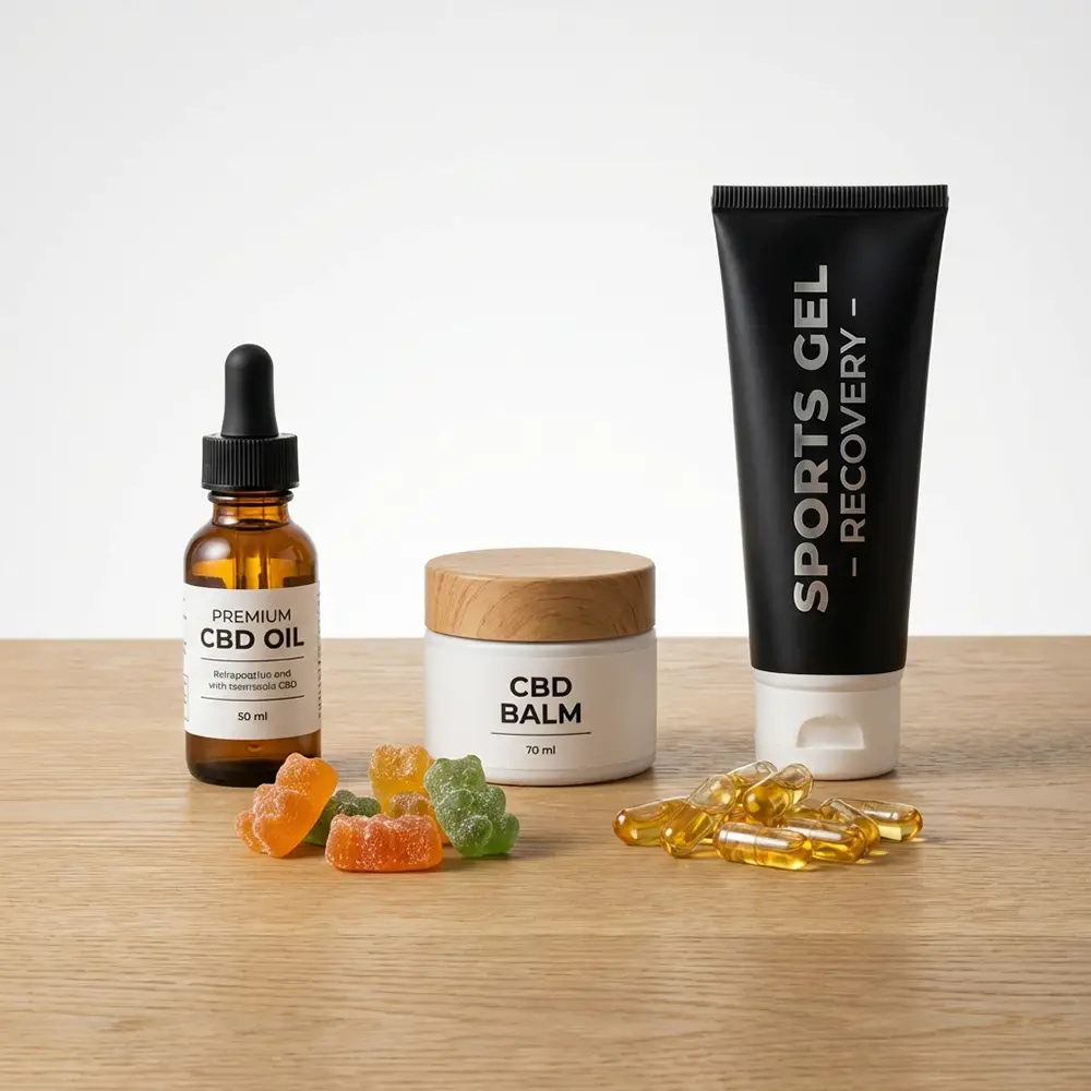 Flacon d'huile CBD, baume, gummies, g&eacute;lules et gel de massage dispos&eacute;s sur une table