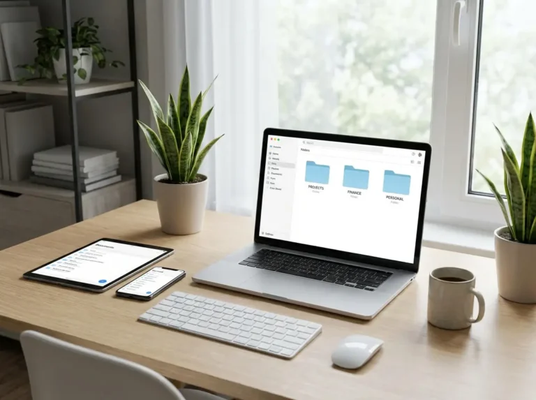 Comment gérer efficacement des documents numériques au quotidien Ordinateur portable, tablette et téléphone sur un bureau de travail avec dossiers et documents numériques ouverts