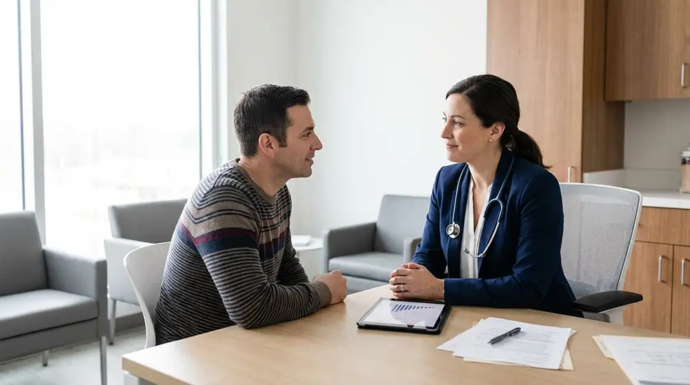 Patient en consultation médicale discutant des effets secondaires d'un traitement GLP-1 avec son médecin