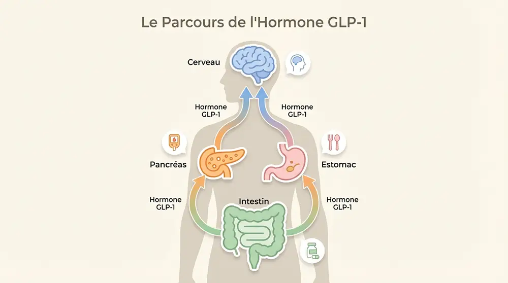 Infographie montrant le trajet de l'hormone GLP-1 depuis les cellules L de l'intestin vers le pancréas, le cerveau et l'estomac