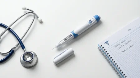 Médicament GLP-1 : comment ça marche et pourquoi ça change tout Stylo injecteur de médicament GLP-1 posé sur une table avec un stéthoscope, symbolisant la révolution thérapeutique contre l'obésité et le diabète