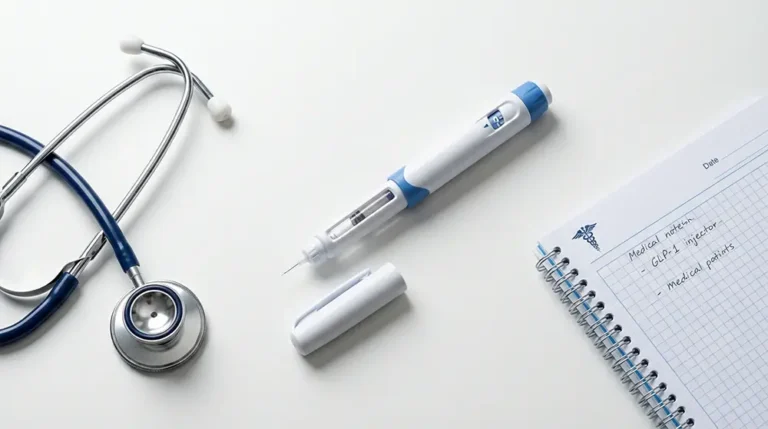 Médicament GLP-1 : comment ça marche et pourquoi ça change tout Stylo injecteur de médicament GLP-1 posé sur une table avec un stéthoscope, symbolisant la révolution thérapeutique contre l'obésité et le diabète