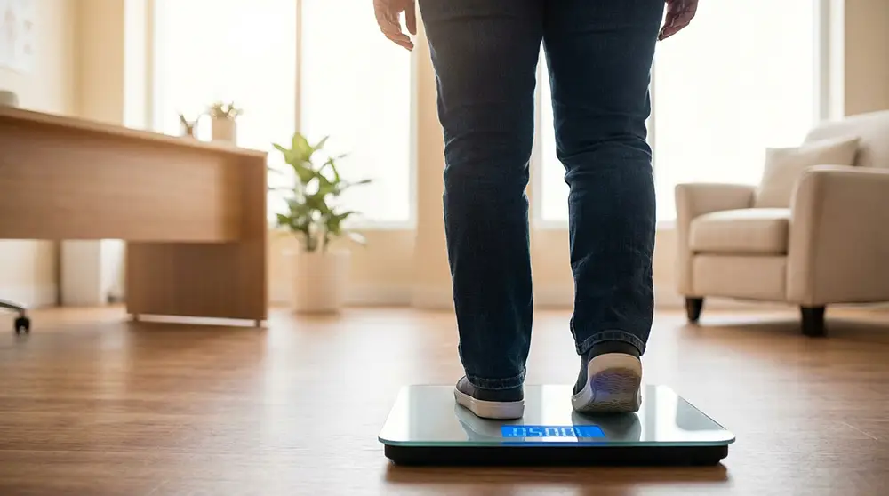 Personne se pesant sur une balance dans un cadre médical, illustrant le suivi de la perte de poids sous traitement GLP-1