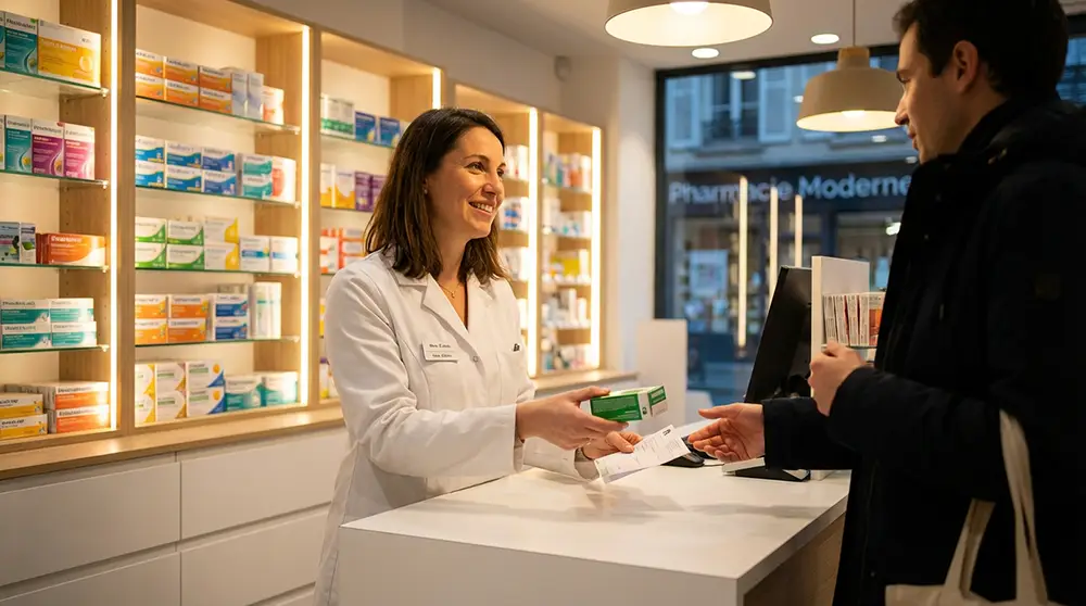 Pharmacien délivrant un stylo injecteur GLP-1 sur ordonnance dans une pharmacie française