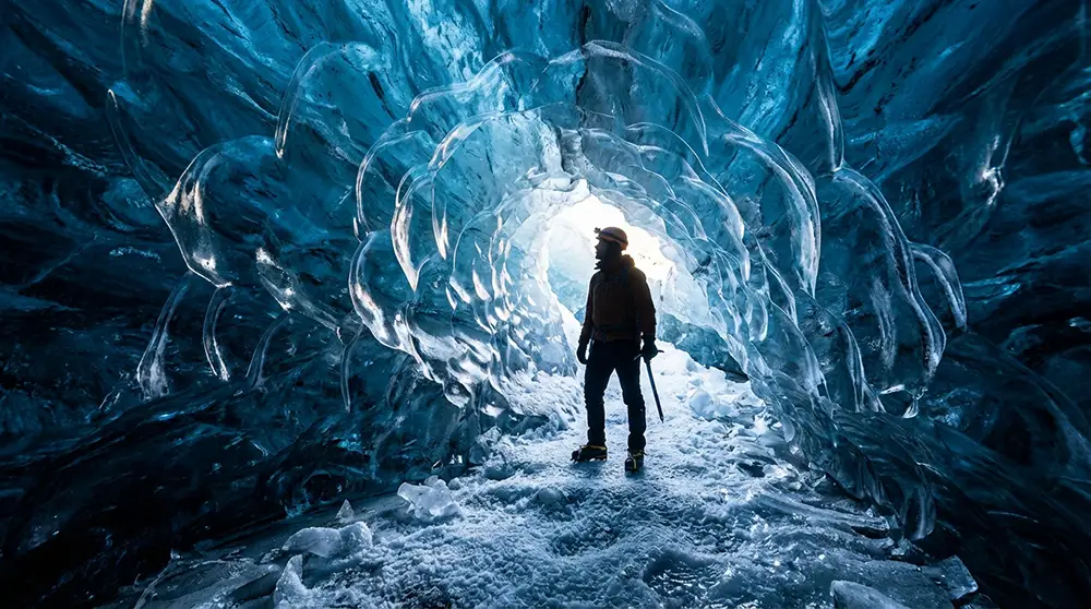 Grotte de glace bleue translucide sous le glacier Vatnajökull en Islande avec explorateur et lumière naturelle