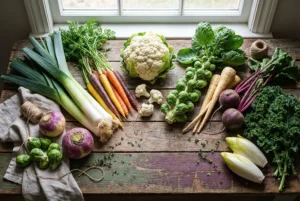 Assortiment de légumes de saison février mars : poireau, carotte, chou-fleur, betterave, navet et panais sur table rustique