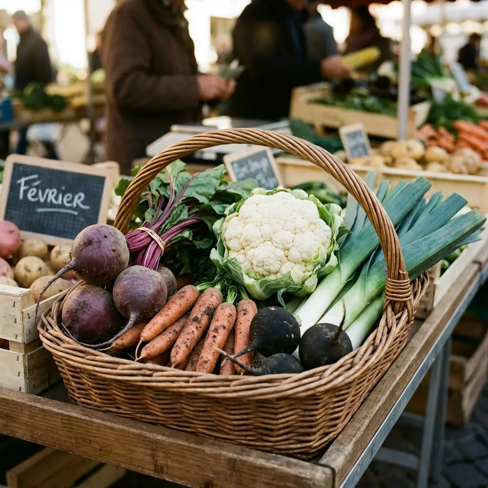 Panier en osier rempli de légumes de février : betterave, carotte, chou-fleur, poireau et radis noir sur un étal de marché