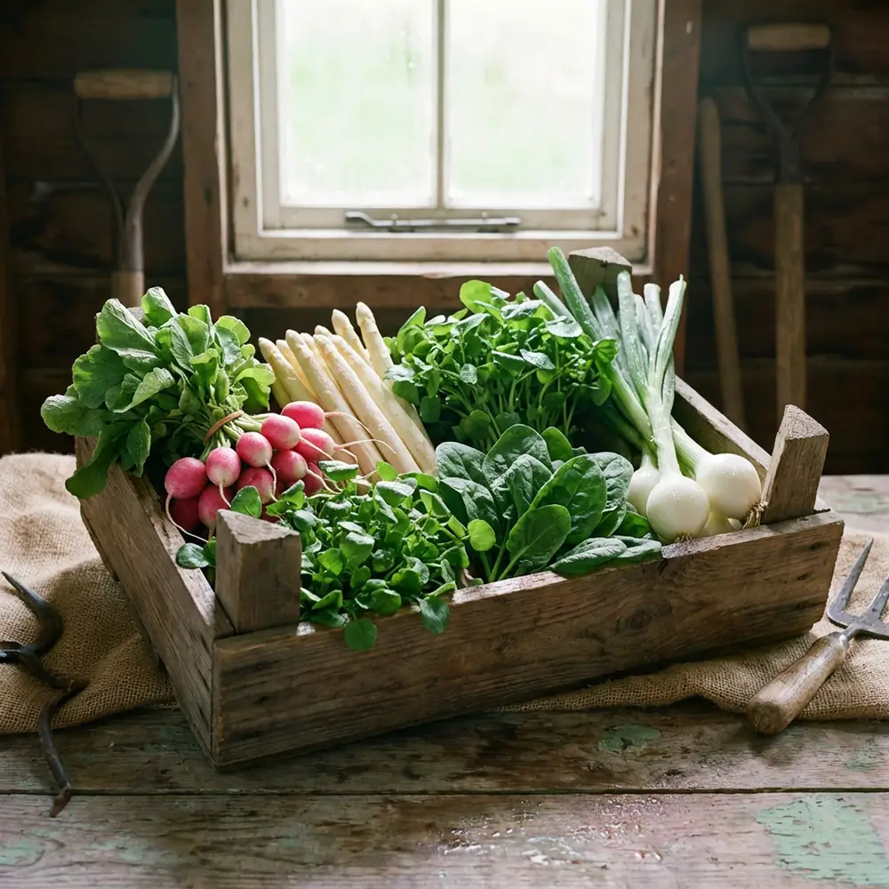 Cagette de légumes de mars : radis roses, asperges, cresson, épinards et oignons blancs nouveaux