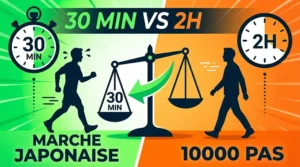Comparaison visuelle split-screen entre marche japonaise de 30 minutes à gauche avec chronomètre et silhouette intense, et 10000 pas de 2 heures à droite avec horloge et silhouette tranquille, balance comparative au centre avec flèche pointant vers 30 minutes