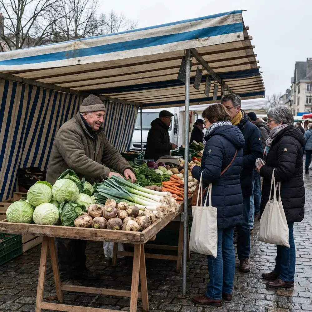Étal de maraîcher sur un marché local en hiver avec choux, poireaux, navets et carottes de saison