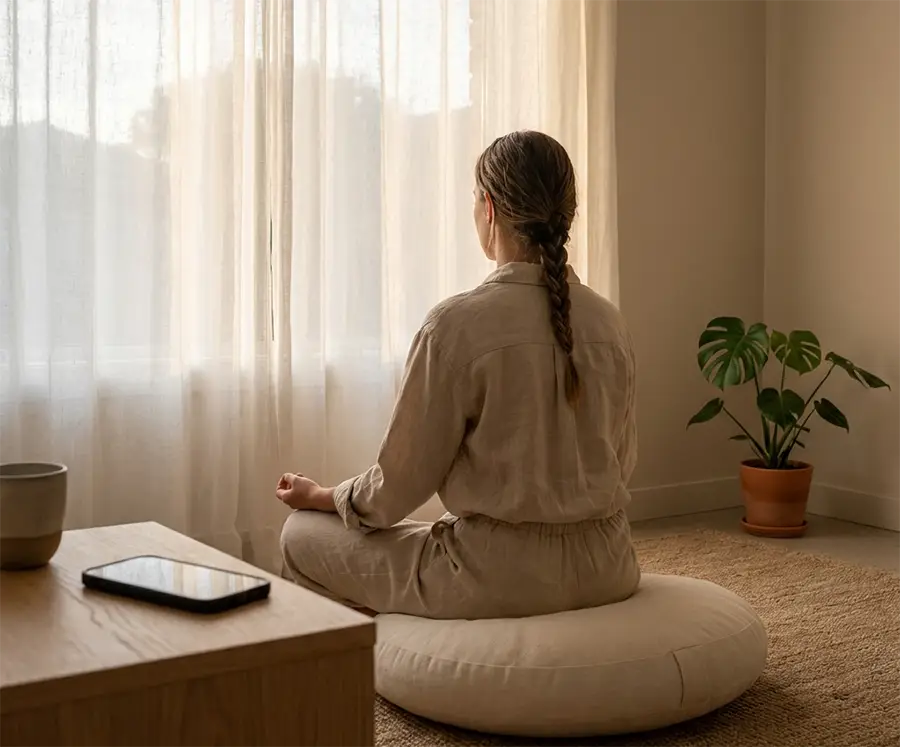 personne vue de dos assise en m&eacute;ditation devant une fen&ecirc;tre lumineuse, avec un smartphone pos&eacute; intentionnellement &agrave; distance sur une table en bois