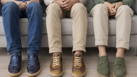 gros plan sur les chaussures ( mocassins et slippers ) de 3 hommes assis sur un canapé