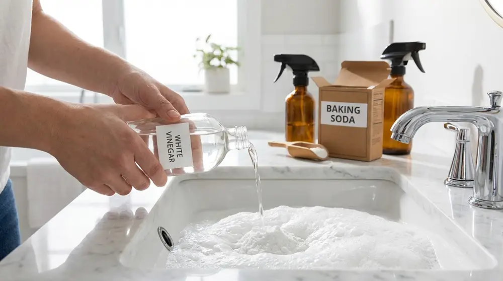 Versement de bicarbonate de soude dans un siphon de lavabo pour nettoyer les canalisations naturellement
