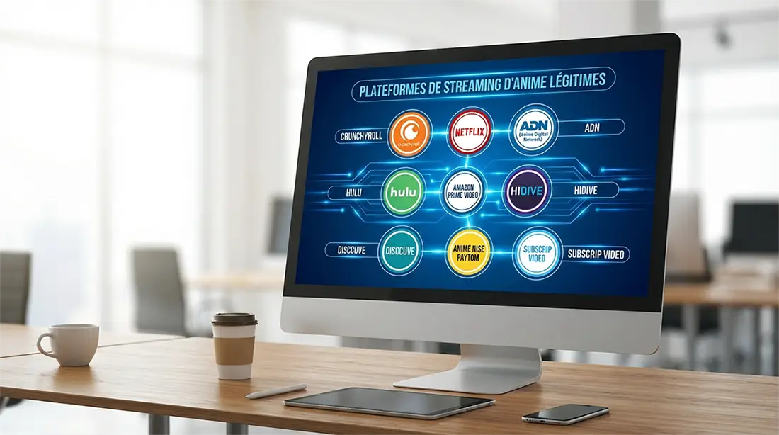 Ordinateur Mac sur un bureau . Sur l'&eacute;cran sont list&eacute;es des plateformes de streaming l&eacute;gales