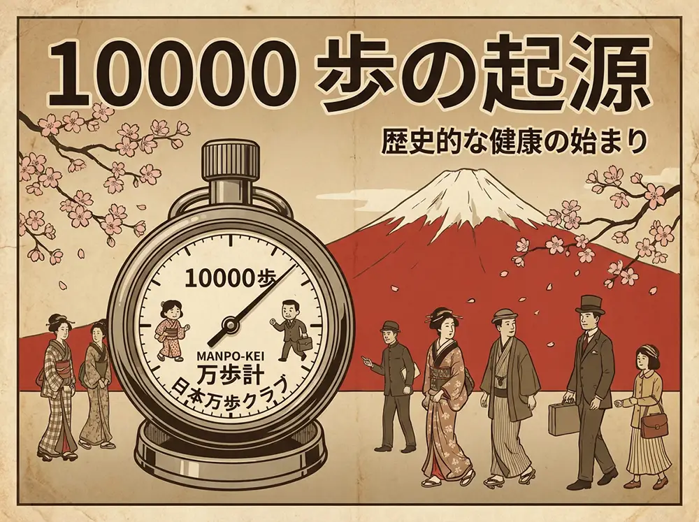 Podomètre japonais vintage Manpo-kei des années 1960 avec design rétro, caractères japonais traditionnels, affichage mécanique montrant 10000, style publicité nostalgique japonaise avec couleurs sépia et rouge