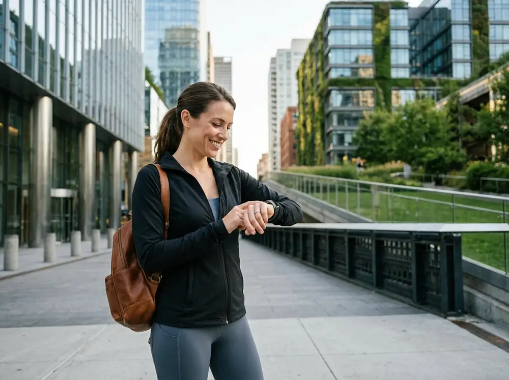 Femme professionnelle active de 30-40 ans en tenue de sport consultant sa montre fitness avec satisfaction, debout dans environnement urbain moderne, chronomètre affichant 30 minutes, lumière naturelle, style photographie business wellness authentique