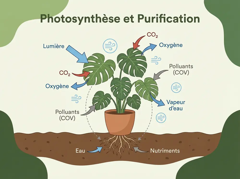 Sch&eacute;ma &eacute;ducatif montrant la photosynth&egrave;se et l'&eacute;vapotranspiration d'une plante avec absorption des polluants