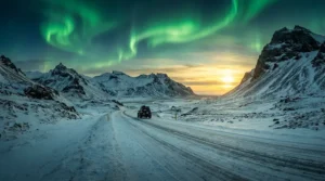 Route enneigée en Islande en hiver avec montagnes volcaniques et aurores boréales vertes dans le ciel