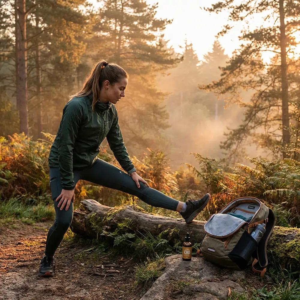 Coureuse faisant des &eacute;tirements en for&ecirc;t avec un flacon de CBD pos&eacute; pr&egrave;s de son sac