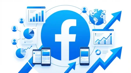 Statistiques Facebook : tous les chiffres clés à connaître en 2026 Illustration des statistiques Facebook 2026 avec graphiques de données et icônes utilisateurs