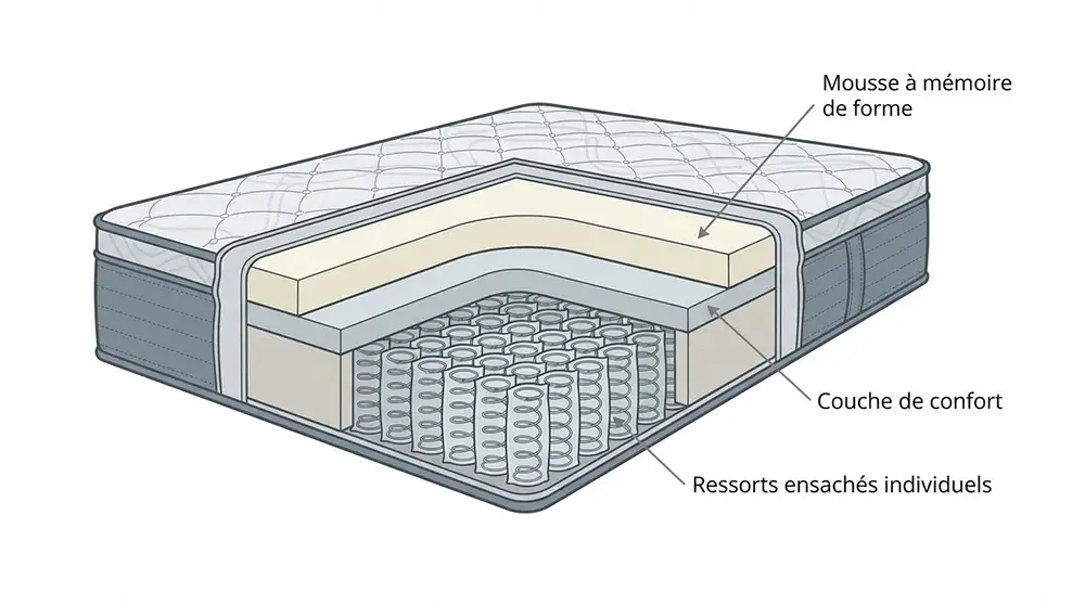 Coupe transversale des différentes technologies de matelas pour couple avec bonne indépendance de couchage