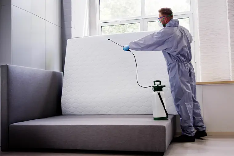 Professionnel en combinaison appliquant un traitement anti-punaises de lit sur un matelas avec un pulvérisateur