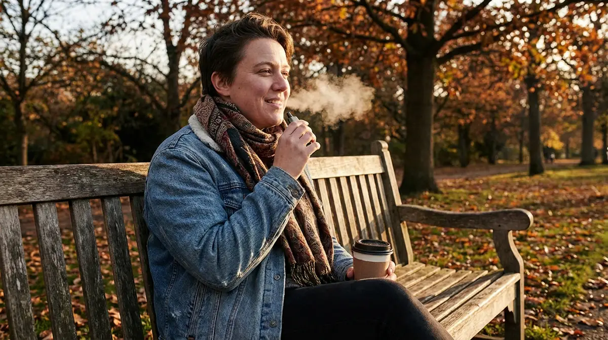 Personne vapotant sereinement en extérieur après avoir arrêté de fumer grâce à l'e-cigarette