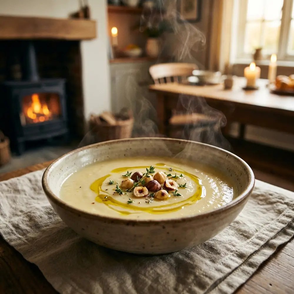 Bol de velouté crémeux de panais et poireau garni de noisettes torréfiées et thym frais, recette de saison hiver
