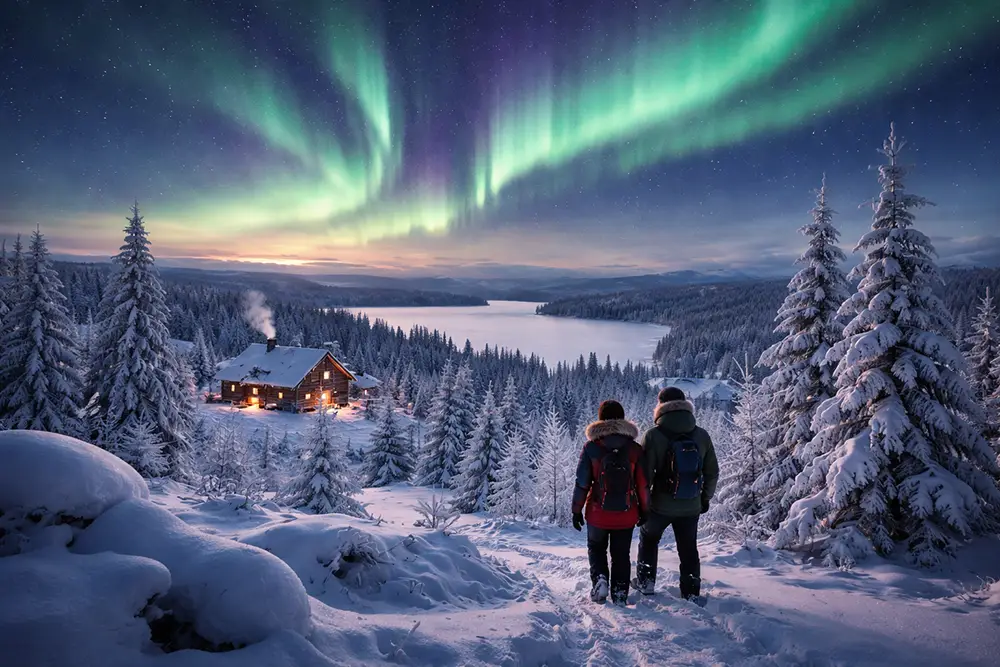 Couple dans la forêt regardant les aurores boréales avec le chalet visible au loin
