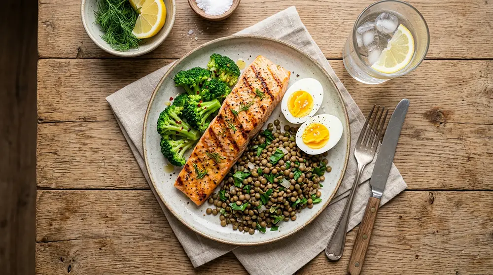 Assiette santé avec saumon, œufs, lentilles et brocolis pour une alimentation équilibrée après 50 ans