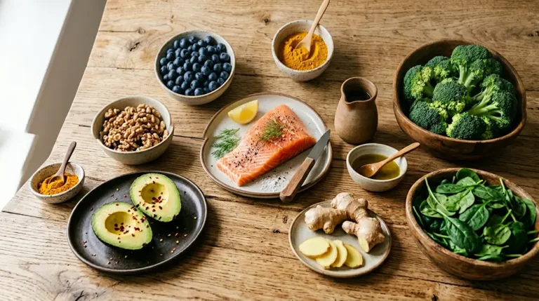 Flat lay d'aliments anti-inflammatoires : saumon, myrtilles, curcuma, huile d'olive, avocat et noix sur une table en bois