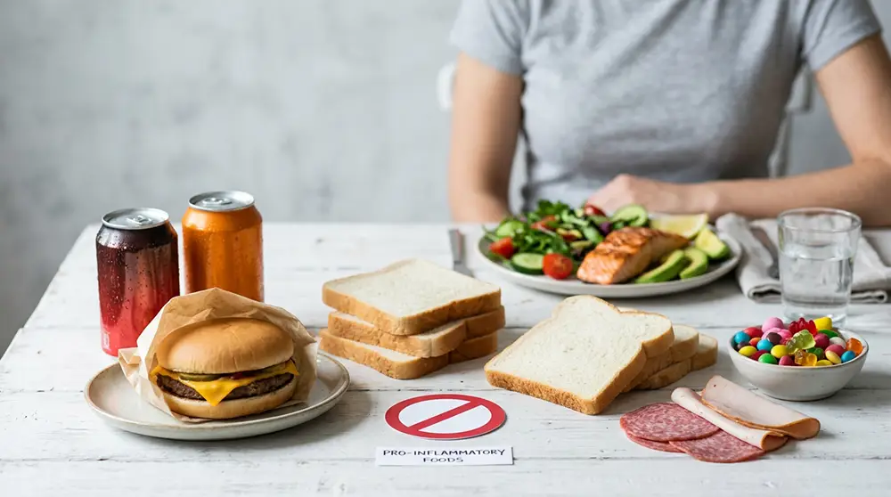 Aliments pro-inflammatoires &agrave; &eacute;viter : hamburger, sodas, charcuteries, pain blanc et bonbons sur fond blanc