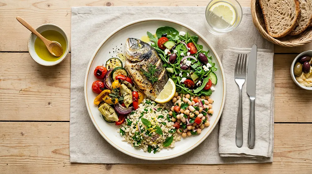 Vue de dessus d'une assiette m&eacute;diterran&eacute;enne avec poisson grill&eacute;, l&eacute;gumes color&eacute;s, l&eacute;gumineuses et quinoa