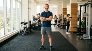 Homme de 40 ans en forme dans une salle de sport illustrant la hausse naturelle de testostérone
