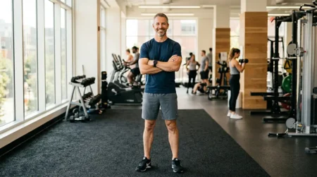 Comment augmenter sa testostérone naturellement après 40 ans Homme de 40 ans en forme dans une salle de sport illustrant la hausse naturelle de testostérone