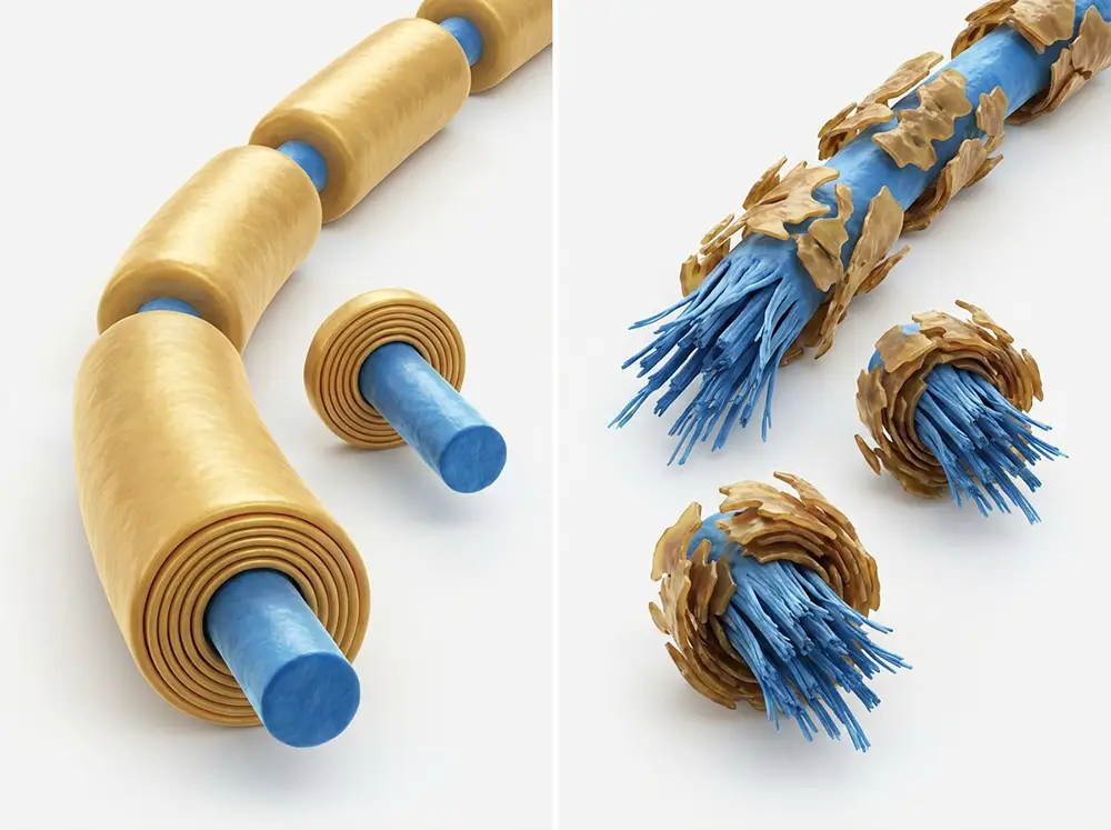 Illustration médicale comparant un axone avec gaine de myéline intacte et un axone démyélinisé endommagé caractéristique de la leucopathie