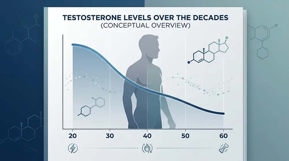 Graphique illustrant la baisse progressive du taux de testost&eacute;rone chez l'homme apr&egrave;s 30 ans