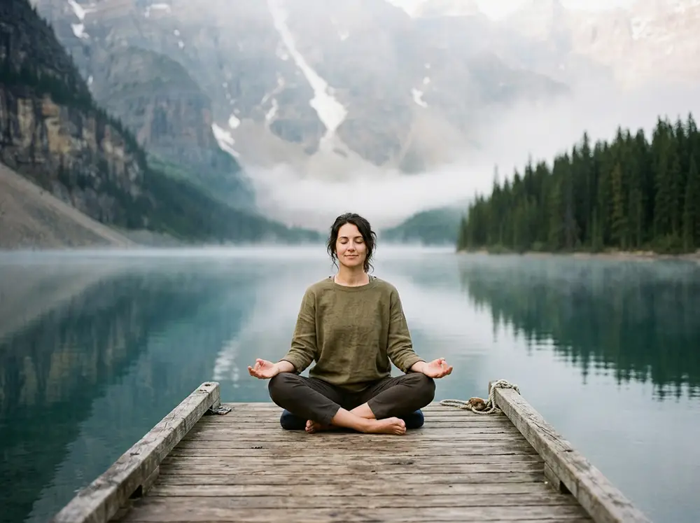 Personne en posture méditative sur un ponton au bord d'un lac alpin entouré de pins et de montagnes