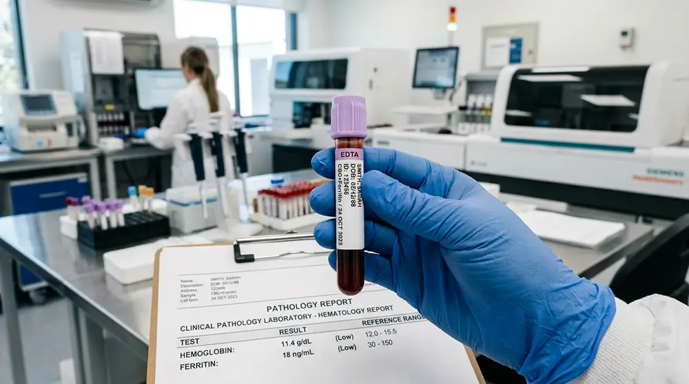 Tube de prise de sang et r&eacute;sultats d'analyse de ferritine et h&eacute;moglobine pour diagnostic de vertiges