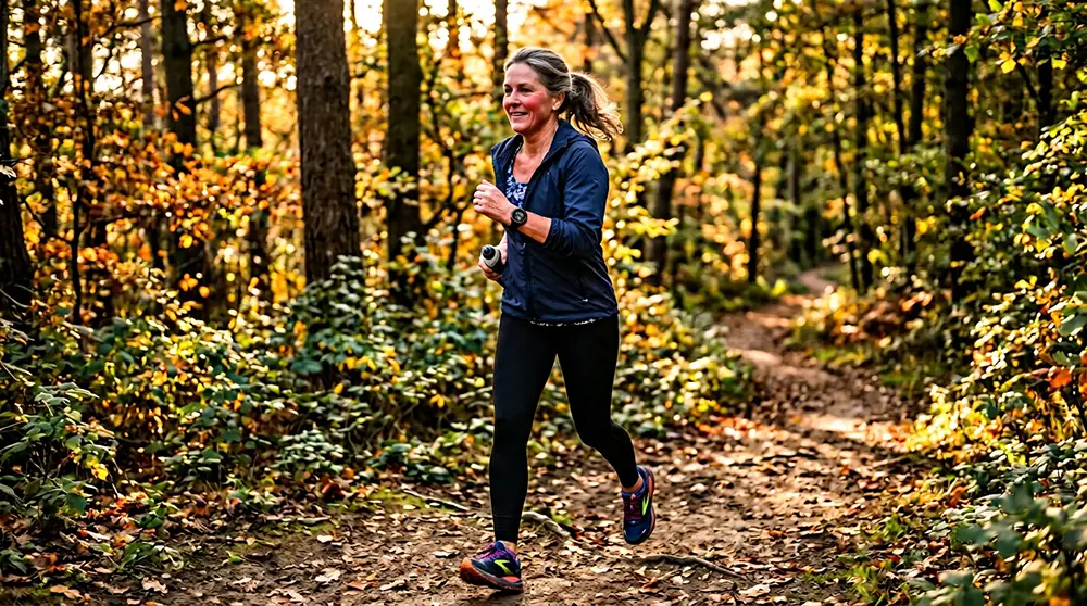 Femme de 50 ans qui marche rapidement en forêt pour brûler les graisses