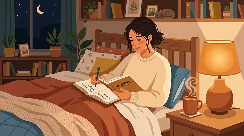 Personne &eacute;crivant dans un journal le soir &agrave; la lumi&egrave;re d'une lampe de chevet, tisane &agrave; c&ocirc;t&eacute;