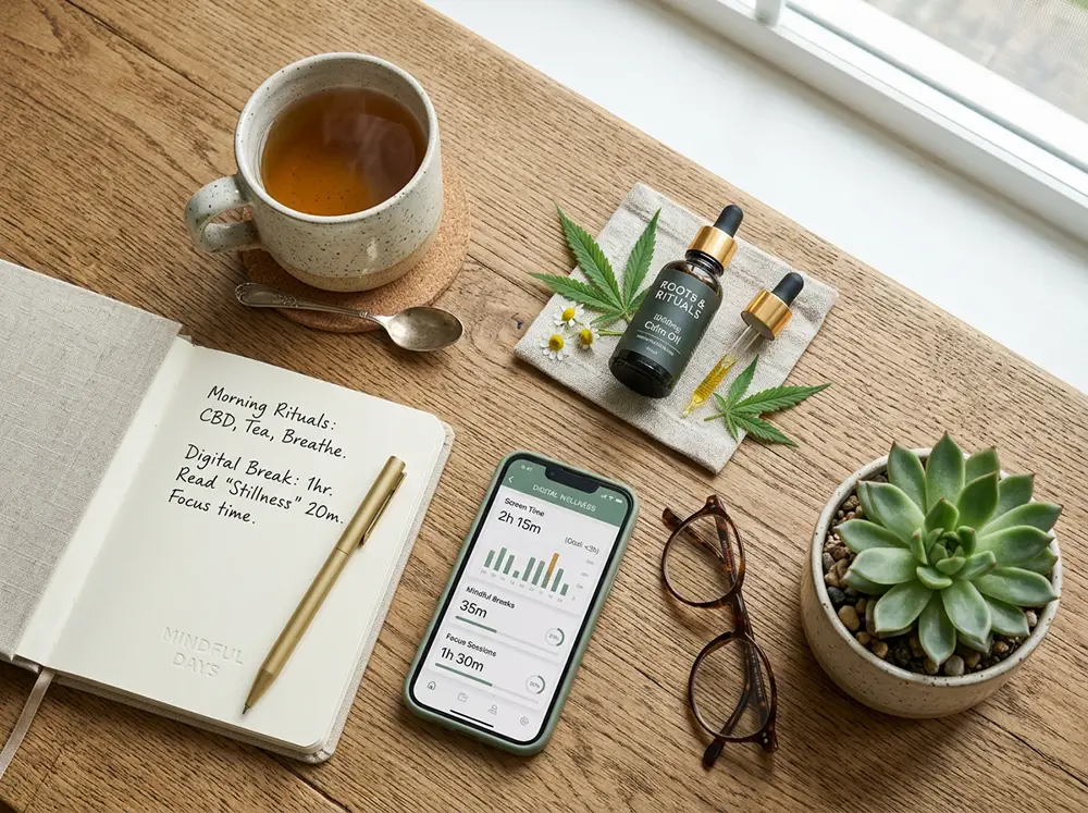 Composition flat lay lifestyle &eacute;pur&eacute;e sur table en bois pr&eacute;sentant produits bien-&ecirc;tre CBD (flacon d'huile, compte-gouttes), tasse de tisane, smartphone avec app de gestion du temps d'&eacute;cran, plante succulente, lunettes de lecture et carnet, lumi&egrave;re naturelle douce