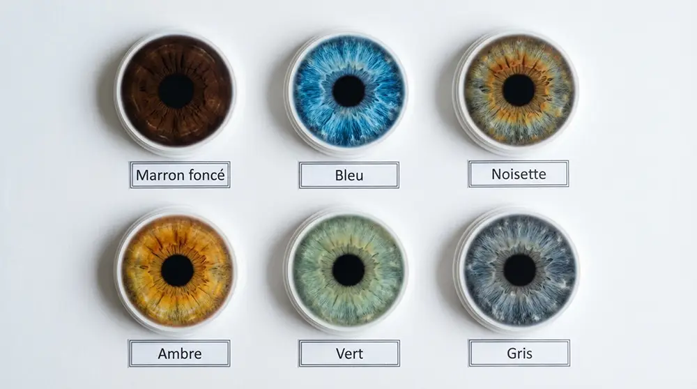 Six couleurs d'yeux c&ocirc;te &agrave; c&ocirc;te : marron, bleu, hazel, ambre, vert et gris pour illustrer leur raret&eacute;