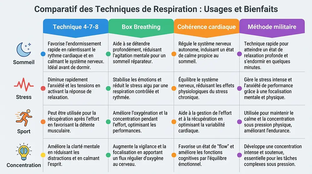 Tableau comparatif entre la technique 4-7-8, le box breathing et la coh&eacute;rence cardiaque