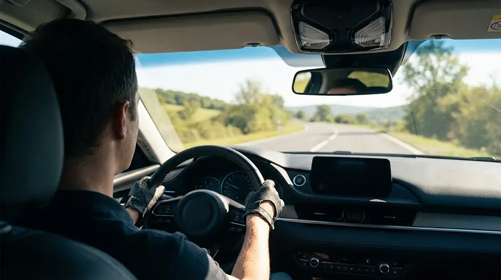 Conducteur aux mains d&eacute;contract&eacute;es sur le volant adoptant une conduite souple