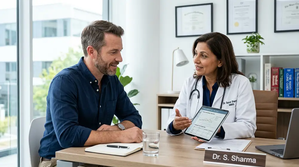 Homme consultant un m&eacute;decin pour &eacute;valuer son taux de testost&eacute;rone et discuter des options de traitement