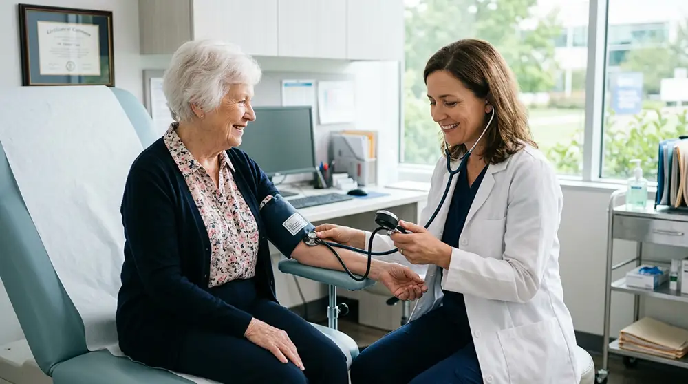 M&eacute;decin mesurant la tension art&eacute;rielle d'un patient &acirc;g&eacute; lors d'une consultation pour vertiges au lever