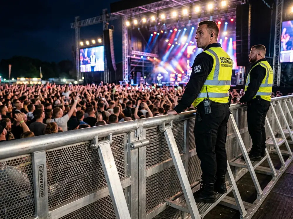 Crash barri&egrave;res en aluminium install&eacute;es pour s&eacute;curiser une sc&egrave;ne de concert avec agents de s&eacute;curit&eacute; sur les marche-pieds int&eacute;gr&eacute;s