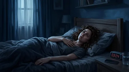 Personne allongée dans son lit la nuit, éveillée, main sur la poitrine, expression anxieuse